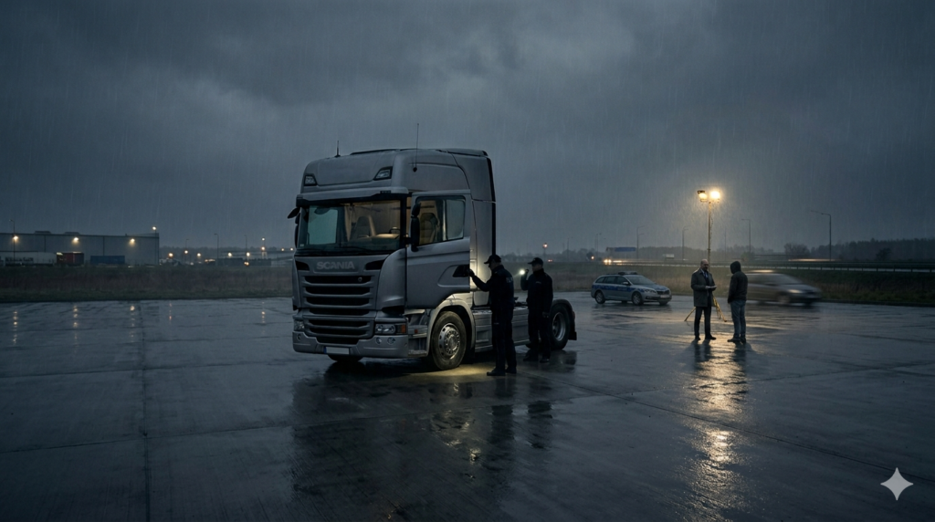 Ciężarówka w deszczowej scenerii nocnej