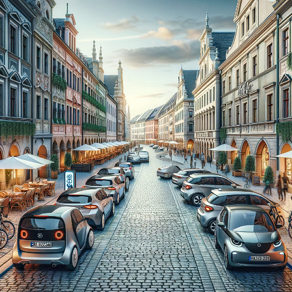 Zdjęcie przedstawia malowniczą europejską uliczkę z brukowanymi chodnikami, otoczoną historycznymi budynkami, na której widoczne są pojazdy car-sharingowe, w tym kompaktowe samochody i elektryczne rowery, zaparkowane w wyznaczonych strefach. Na pierwszym planie znajdują się znaki car-sharingu, a tło wypełniają spacerujący ludzie - turyści i mieszkańcy, wzbogacając scenę o dynamiczne życie miejskie. Architektura łączy w sobie klasyczne i nowoczesne elementy, z kawiarniami i butikami po bokach, co podkreśla urok europejskiej przestrzeni miejskiej i integrację nowoczesnych usług car-sharingowych z tradycyjnym krajobrazem miast