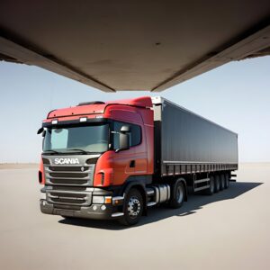 Czerwona ciężarówka Scania pod mostem. monitoring ciężarówek