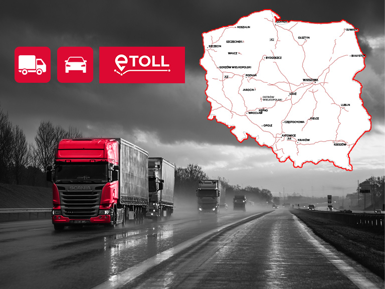 Ciężarówki na autostradzie i mapa Polski z e-TOLL