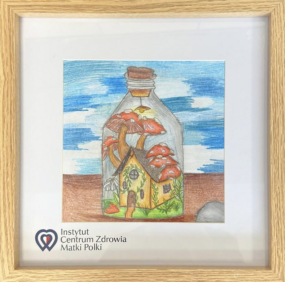 Szkic domku w butelce z grzybami.