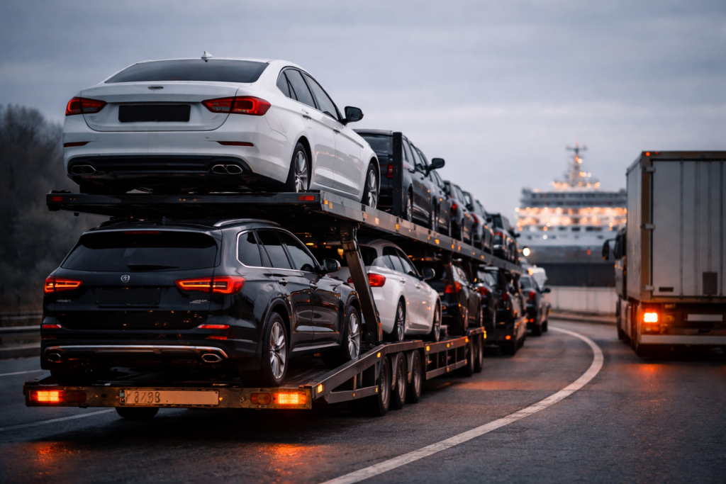 Transport samochodów na ciężarówce.