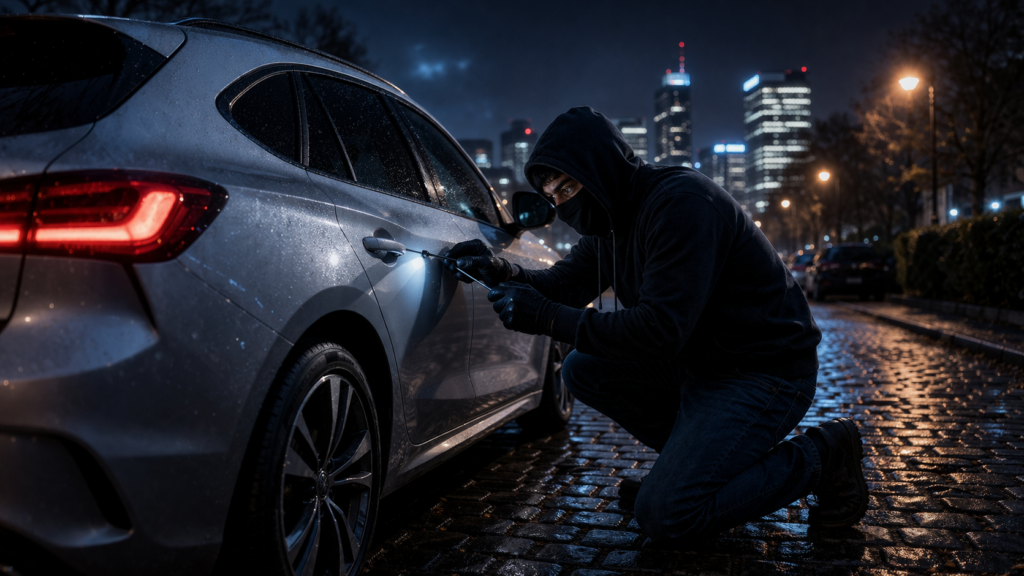 Złodziej kradnie samochód w nocy