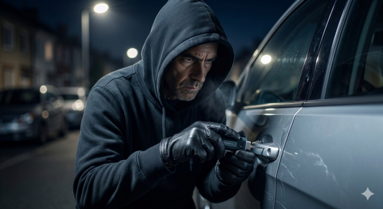 Złodziej próbuje otworzyć samochód