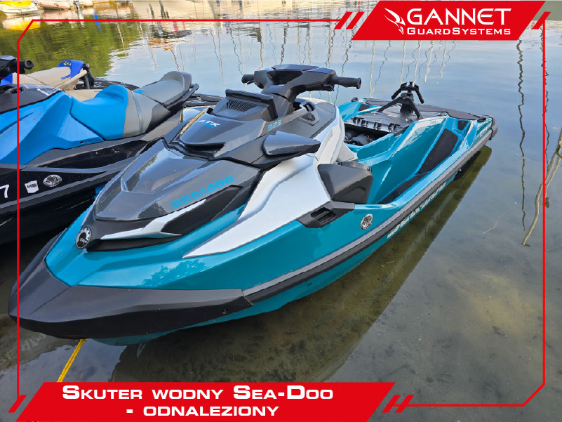 Odnaleziony turkusowy skuter wodny Sea-Doo przy pomoście