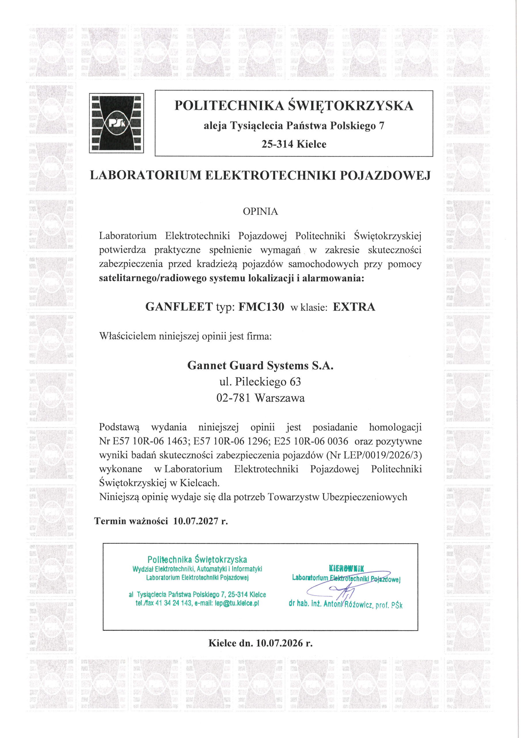 Opinia Politechniki Świętokrzyskiej dla systemu GANFLEET FMC130