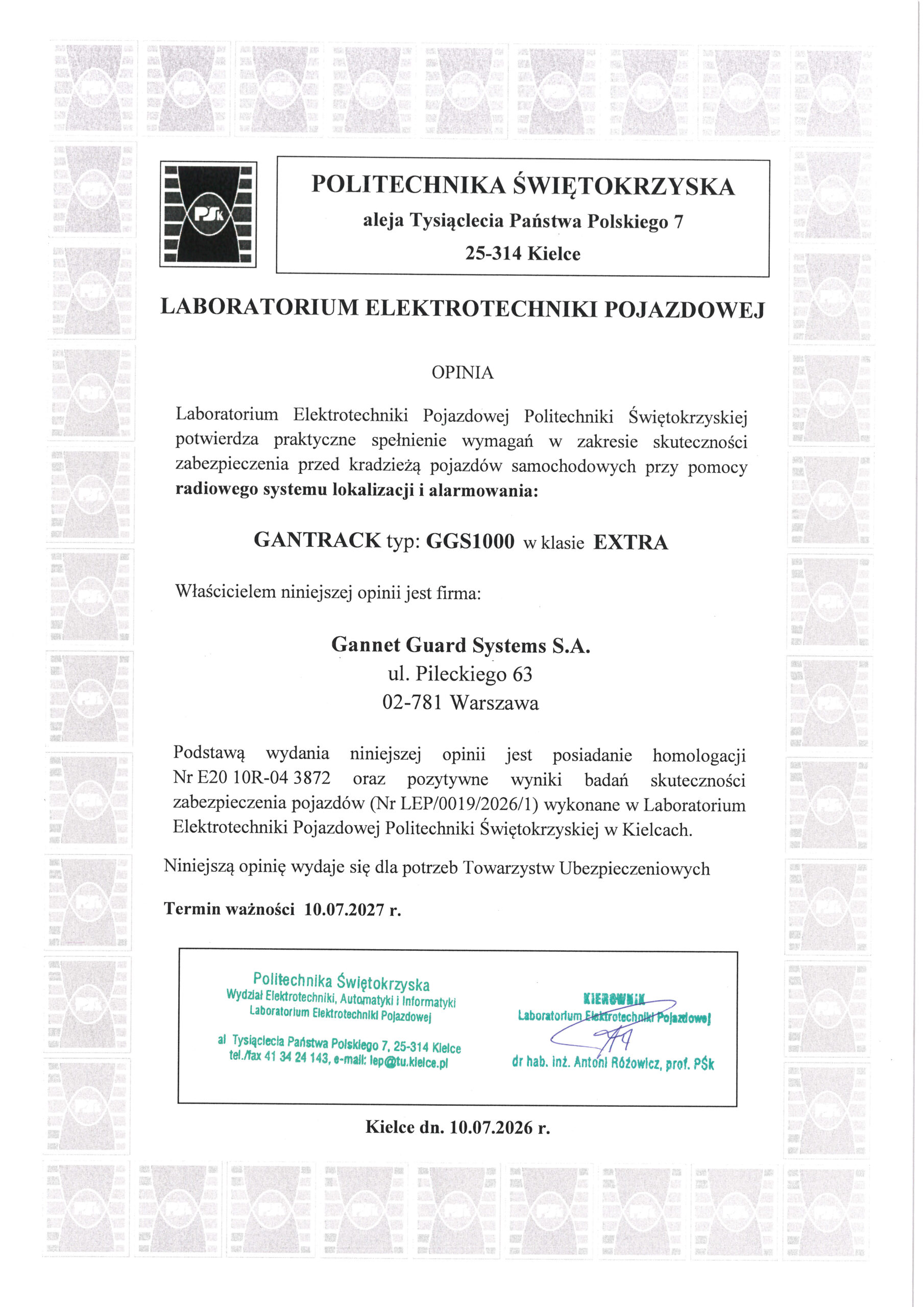 Opinia Politechniki Świętokrzyskiej o systemie GANTRACK GGS1000