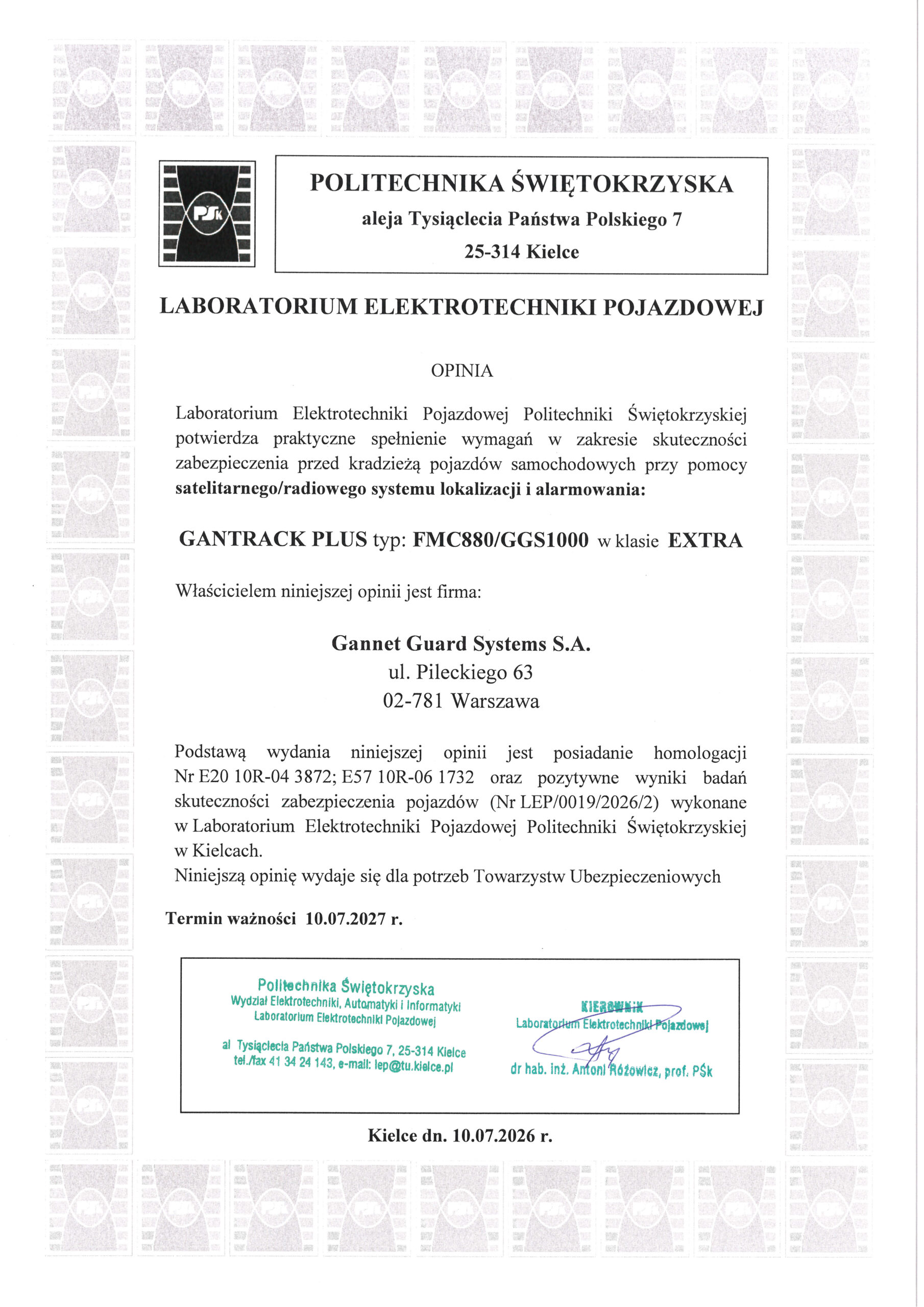 Opinia Politechniki Świętokrzyskiej o systemie GANTRACK PLUS