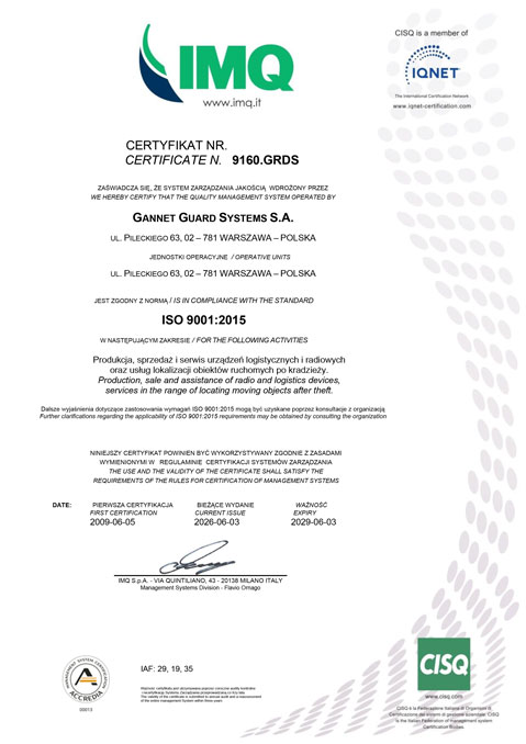 Certyfikat ISO 9001:2015 dla Gannet Guard Systems S.A.